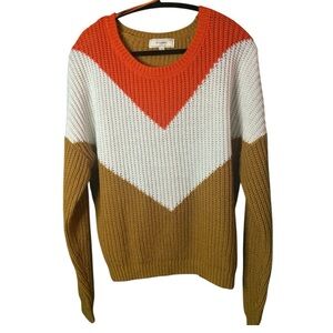 no comment Orange/White/Tan, cowlneck, L Slv, Fisherman Knit Sweater L
